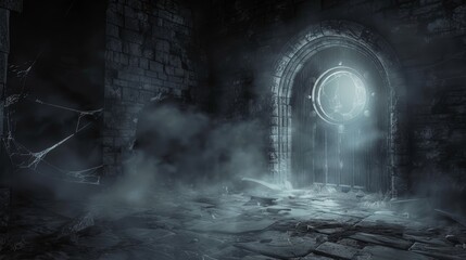 Gloomy light from an open door highlights a hellish ring gate in a dungeon, shrouded in smoke and cobwebs, creating a scary storage room atmosphere