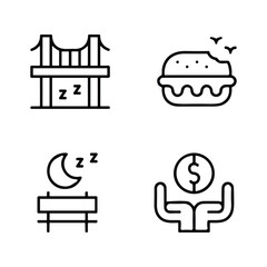 Naklejka premium homeless outline icon set includes thin line donation, bunk bed, leftover, bridge, mittens, alcohol, food stall icons for report, presentation, diagram, web design