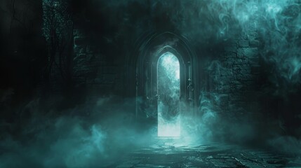 Haunting image of a dungeon entrance, a door ajar casting light amidst hellish smoke and darkness, ring gate visible through the mist