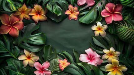 Exotic flora with vivid monstera and palm leaves against a dark green backdrop, highlighted by colorful tropical flowers. Copy space. Space for text. Generative AI.