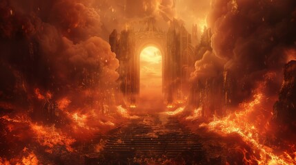 Fototapeta premium Haunting scene of hell's gate with fierce flames and dark, suffering souls, against a peaceful heavenly gate bathed in soft light