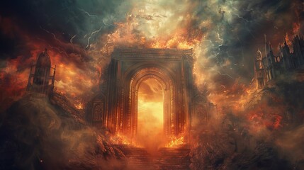 Haunting scene of hell's gate with fierce flames and dark, suffering souls, against a peaceful heavenly gate bathed in soft light