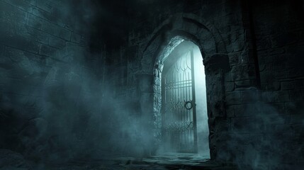Haunting storage room in a dungeon, a sliver of light from an opened door reveals a ring gate and layers of mist, all set against a backdrop of darkness - obrazy, fototapety, plakaty
