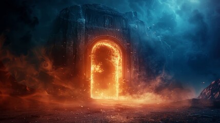 Heaven and hell doorway in an open space at night, a ring gate framing the entrance, with intense...