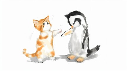 Fototapeta premium A drawing of a cat and penguin holding hands next to each other
