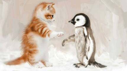   A cat perched atop a snowy ground with its paw resting on a penguin's head