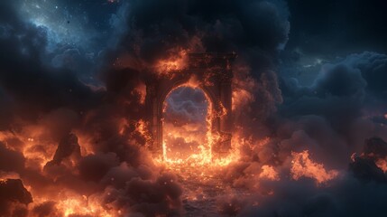 Heaven and hell doorway in an open space at night, a ring gate framing the entrance, with intense fire burning under a shroud of mist and darkness