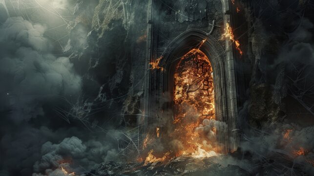 Hauntingly biblical door to hell, engulfed in flames and dark smoke, where tormented souls linger, scene veiled by mist and cobwebs