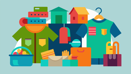 An array of diverse items on display ranging from gently worn clothing books toys and household items all ready to be exchanged at the community swap. Vector illustration