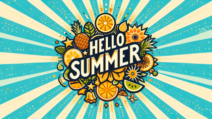 Background of sun rays at dawn rising sun with Hello Summer letters vector illustration