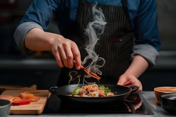 chef preparing food in restaurant, a professional chef cooking food on stove hand view 