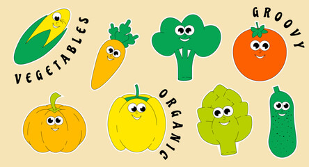 Summer Vegetables. Retro groovy sticker and patch. Comic characters tomato, carrot, pepper, pumpkin and more. Vector illustration.