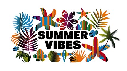 Fototapeta premium Vibrant Summer Vibes Graphic Design with Tropical Flora and Bird Silhouettes