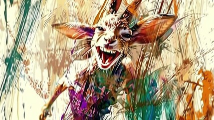  A digital painting depicts a rabbit with an open mouth and widely spread teeth, surrounded by blades of grass in the foreground