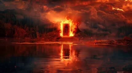 Ominous view of a reflective lake at the entrance to hell, with intense fires burning the landscape around a mysterious door, setting a chilling mood