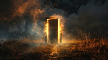 Open door bathed in light between realms of heaven and hell, set against a backdrop of a dark, misty field, cobwebs and smoke adding to the eerie atmosphere