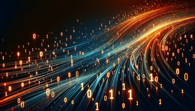 An artistic representation of a binary code stream with ones and zeros cascading down in a stylized pattern, illuminated in orange against a deep blue.