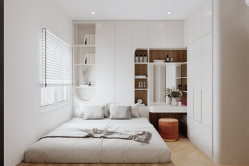 Interior of a bedroom in white bed against white wall paint