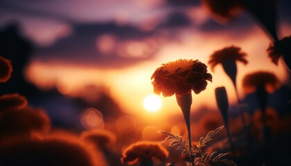 The silhouettes of marigold blooms against a sunset, with a close focus on one bloom while the rest...