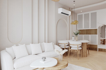 Fototapeta na wymiar Minimalist design in living room, where clean, uncluttered spaces and thoughtful furnishings