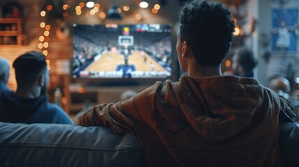 A man is watching a basketball game on a television
