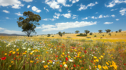 Sunlit wildflower meadow with blue skies