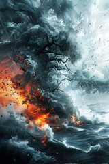 Ferocious Cyclone Unleashing Destruction Upon Coastal Landscape in Cinematic Watercolor