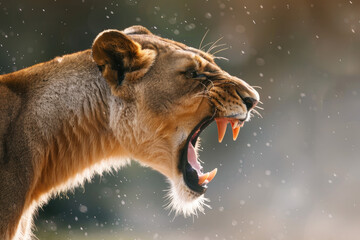Side view of an angry lioness with her mouth open showing teeth