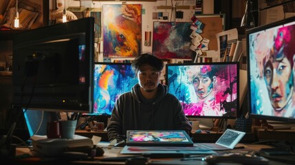 The picture of the digital artist is working inside his workshop that has surrounded with computer monitor, the digital artist require skill like creativity, experience and drawing technique. AIG43.