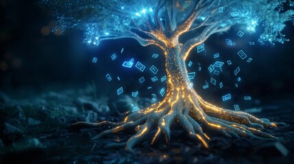 A glowing, ethereal tree whose roots and branches represent a secure, distributed network, with leaves of data packets fluttering in a virtual breeze. 32k, full ultra hd, high resolution
