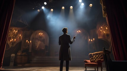 A professional actor in costume rehearsing on a theater stage under dramatic lighting capturing the essence of character immersion and theatrical expression