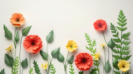 Paper poppy flowers with leaves on white background