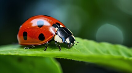 Fototapeta premium Closeup of a ladybug crawling on a green leaf showcasing natural pest control in a garden ecosystem