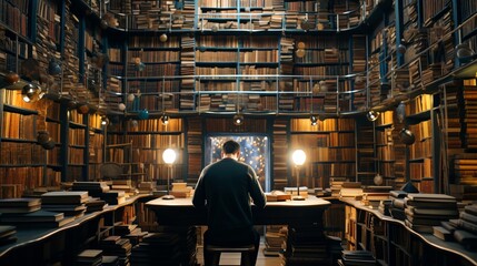 Person in a library surrounded by books researching and taking notes on theoretical subjects - obrazy, fototapety, plakaty