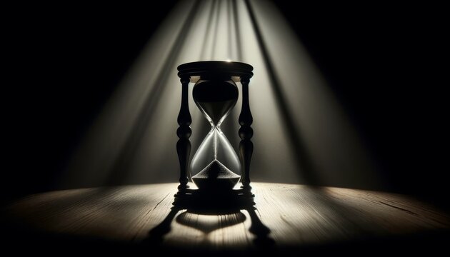 A silhouette of an antique hourglass with sand trickling down, highlighted in a slanted ray of light against a dark background.