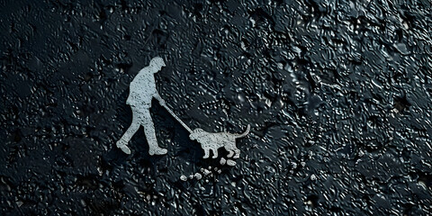 Walking the Dog. Walking, dog ,exercise, leash, lead ,sign, paint, road, Shadow silhouette of a person and a dog on a leash crossing the street