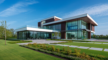 Obraz premium Sleek modern architectural design showcased in a luxurious spacious house surrounded by manicured lawns