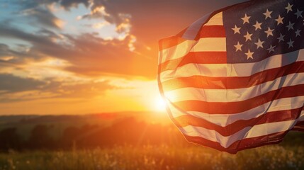 American flag waving in the sunrise, sunset. American flag for Memorial Day,4th of July, Labour Day. Independence Day concept.