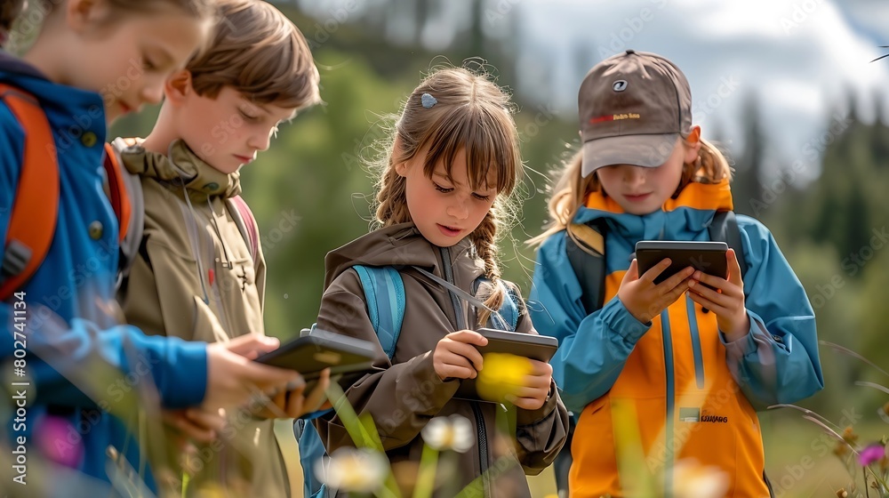 Poster capture scenes of kids engaging in citizen science projects outdoors, using technology : generative 