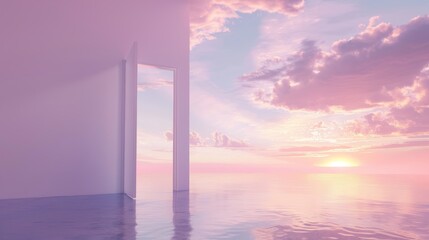 Picturesque door frame capturing a reflective lake, clouds overhead, and a gentle sky in pastel pink and purple tones
