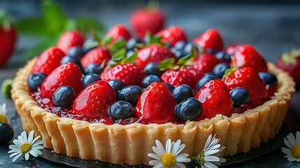  A tart adorned with strawberries, blueberries, and raspberries sits on a plate surrounded by...