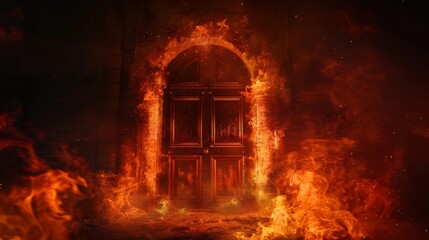 Fototapeta premium Scary door scene, simulating the entrance to hell with intense flames and smoke against a backdrop of complete darkness