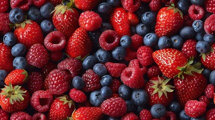   A group of strawberries, blueberries, raspberries, and strawberries are neatly stacked