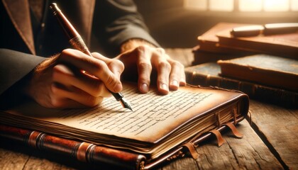 Close-up of hands writing in a vintage leather-bound journal with a fountain pen, emphasizing the connection between traditional writing and contempor.