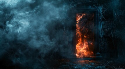 Scary doorway to hell, covered in darkness, surrounded by smoke and mist, with cobwebs and a haunting flame fire setting the foreboding mood