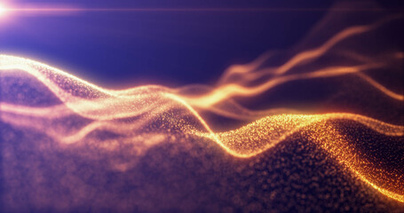 Yellow energy glowing magic waves from particles of lines with light rays. Abstract background