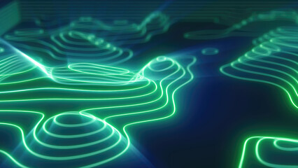 Green looped futuristic hi-tech landscape with mountains and canyons from glowing energy circles and magic lines. Abstract background