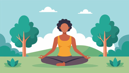 A woman practicing yoga in a serene park focusing on her breath and moving at her own pace..