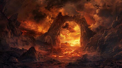 Sinister archery portal door opening to a dark, flame-engulfed hell landscape, portraying a terrifying and desolate environment of eternal burn