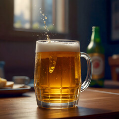 Cold draft beer with foam in a mug, on a wooden table, mug of cold foamy beer close-up. 